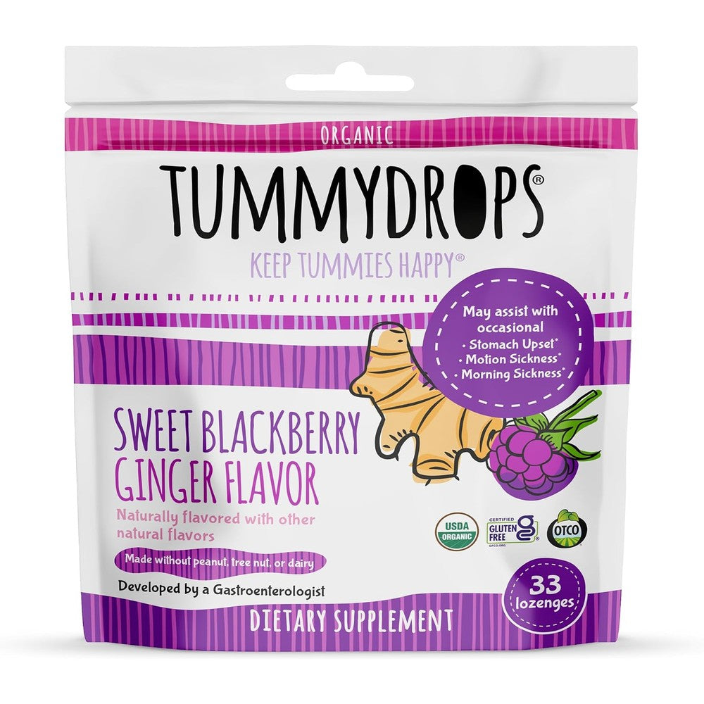 Tummydrops Organic Sweet Blackberry Ginger front packaging view for nausea relief