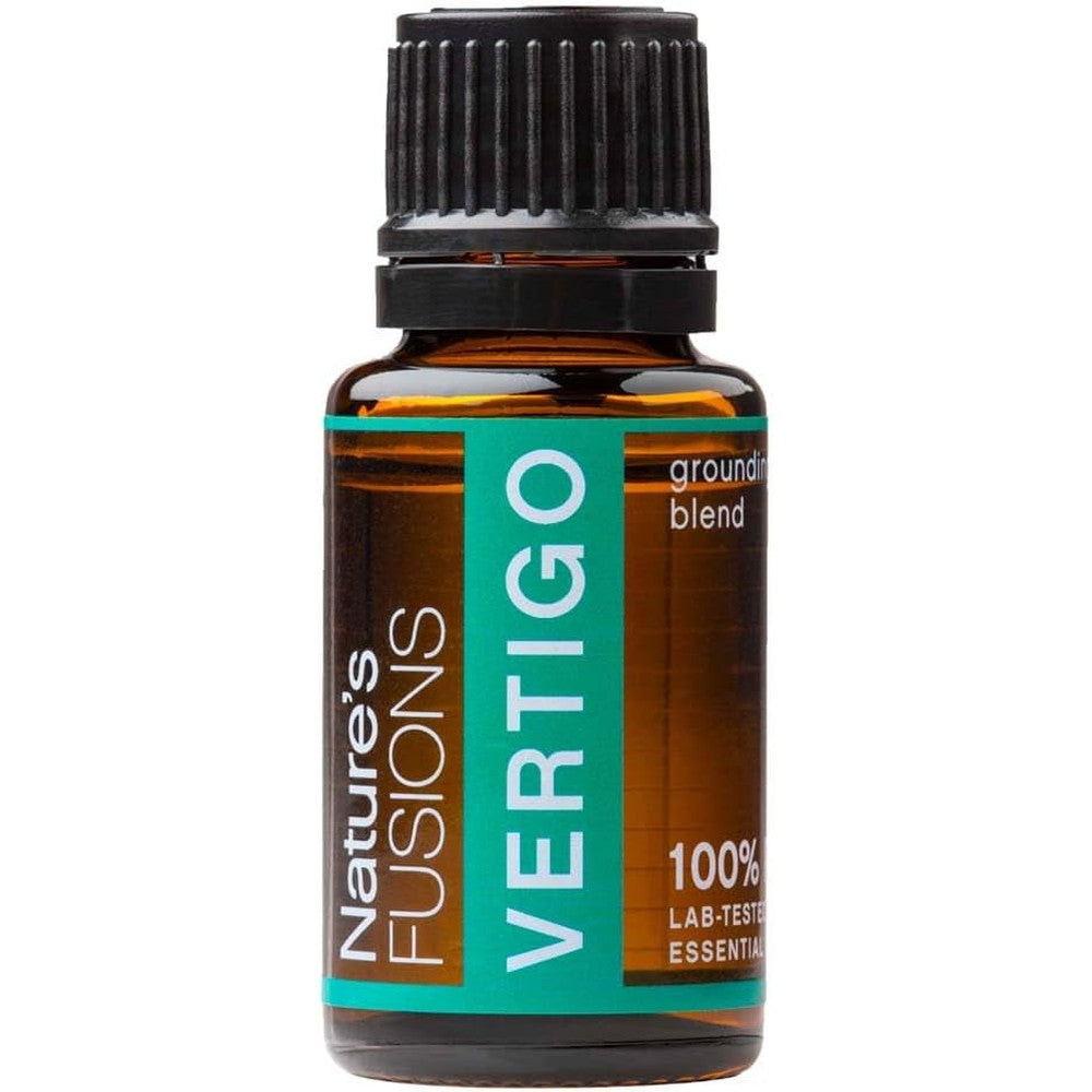 Nature's Fusions Vertigo Relief Essential Oil Blend 15ml bottle front view for natural motion sickness and dizziness relief.