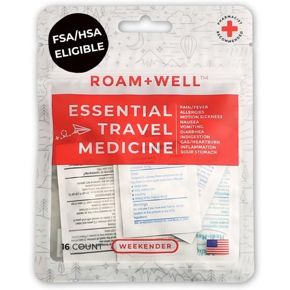 Roamwell Essential Travel Medicine Kit front view of the compact Weekender pouch for over the counter travel medication.