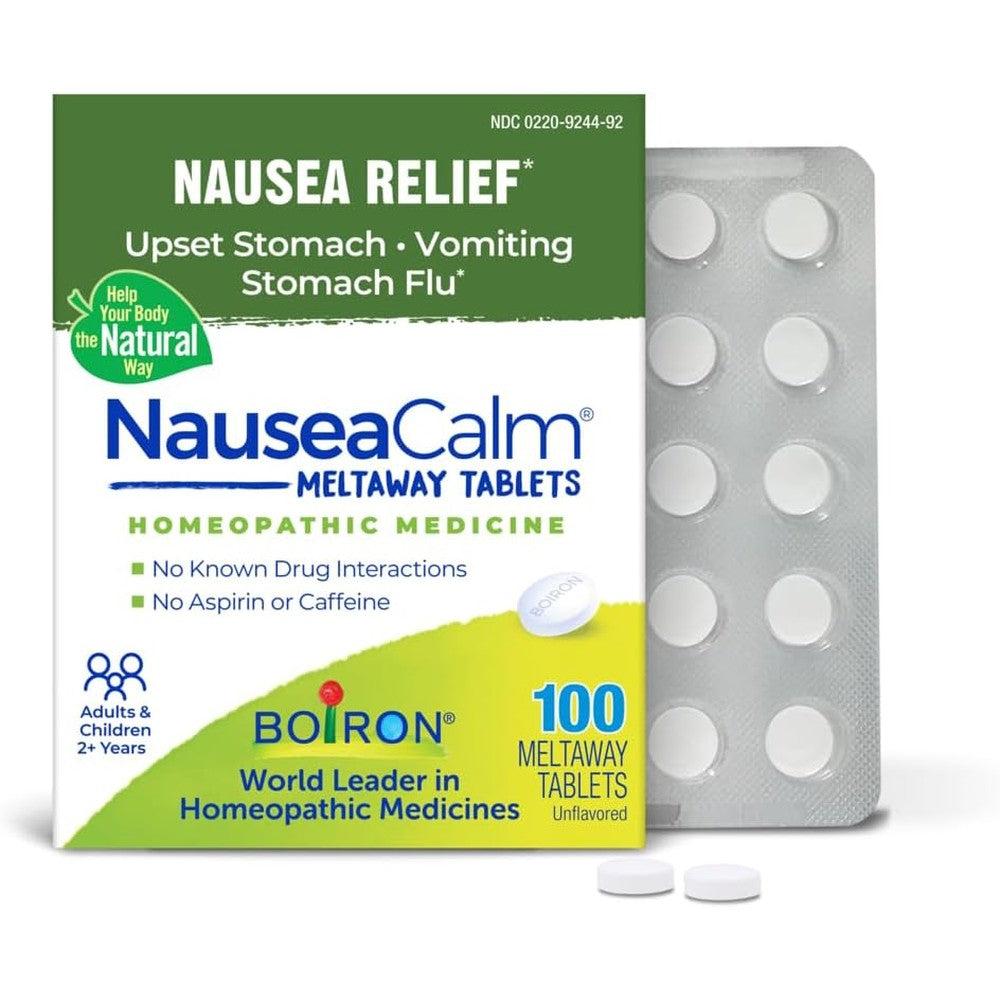 Boiron NauseaCalm 100 Count front box view for natural stomach relief
