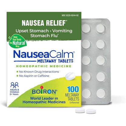 Boiron NauseaCalm 100 Count front box view for natural stomach relief