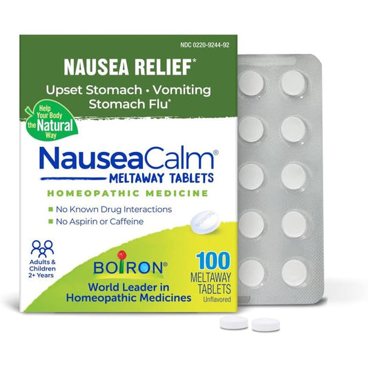 Boiron NauseaCalm 100 Count front box view for natural stomach relief