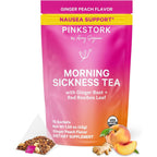 Pink Stork Organic Morning Sickness Pregnancy Tea front packaging for prenatal nausea relief.