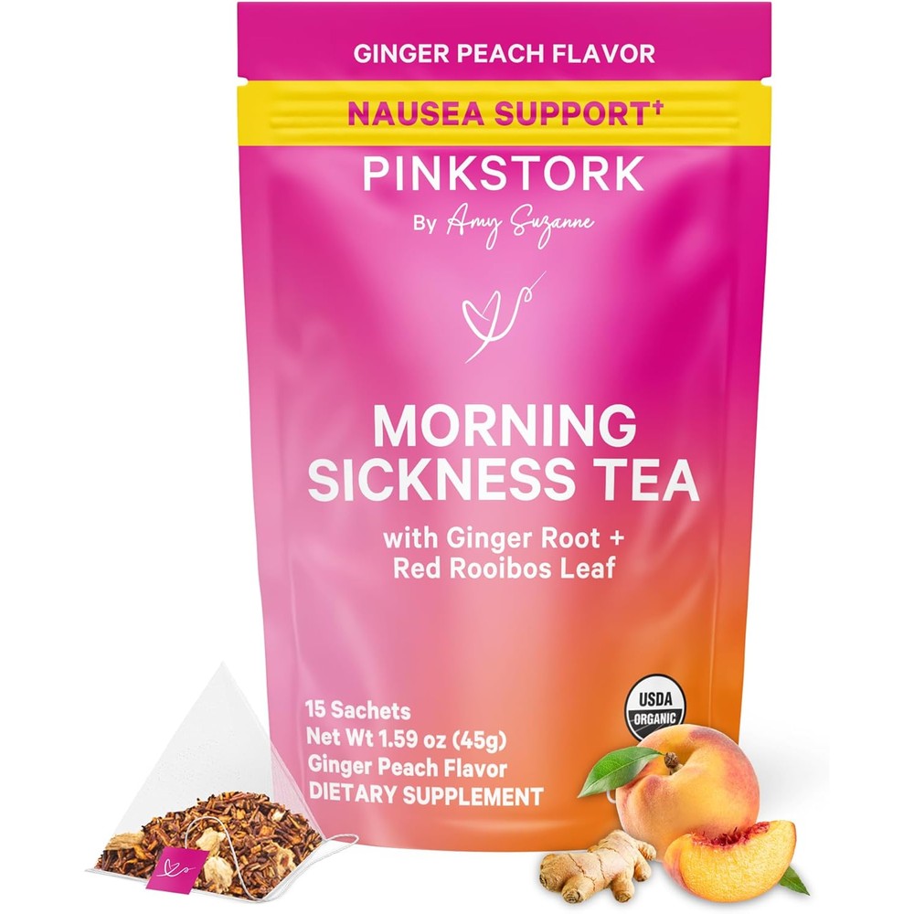 Pink Stork Organic Morning Sickness Pregnancy Tea front packaging for prenatal nausea relief.