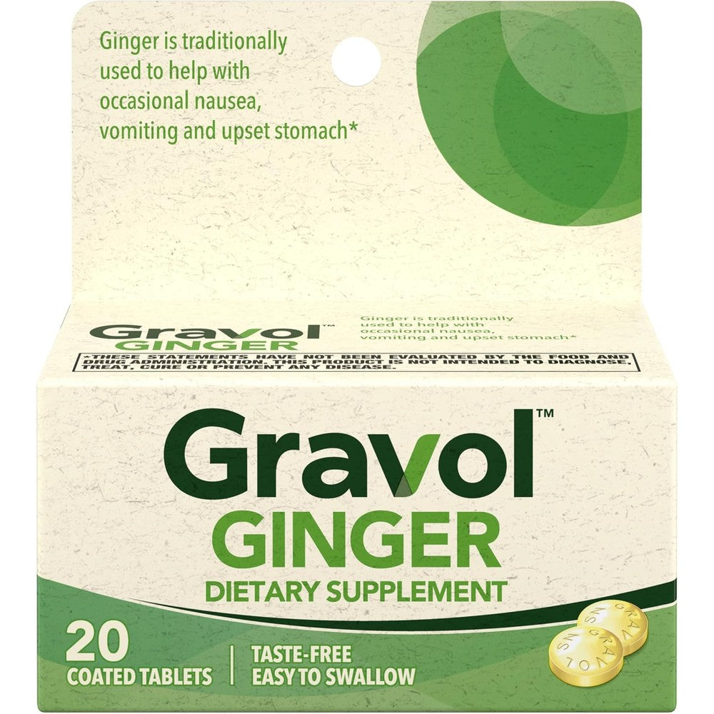 Gravol Ginger Tablets 20 count front view packaging for natural nausea relief.