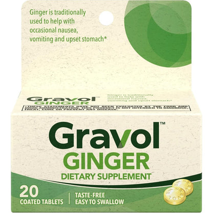 Gravol Ginger Tablets 20 count front view packaging for natural nausea relief.