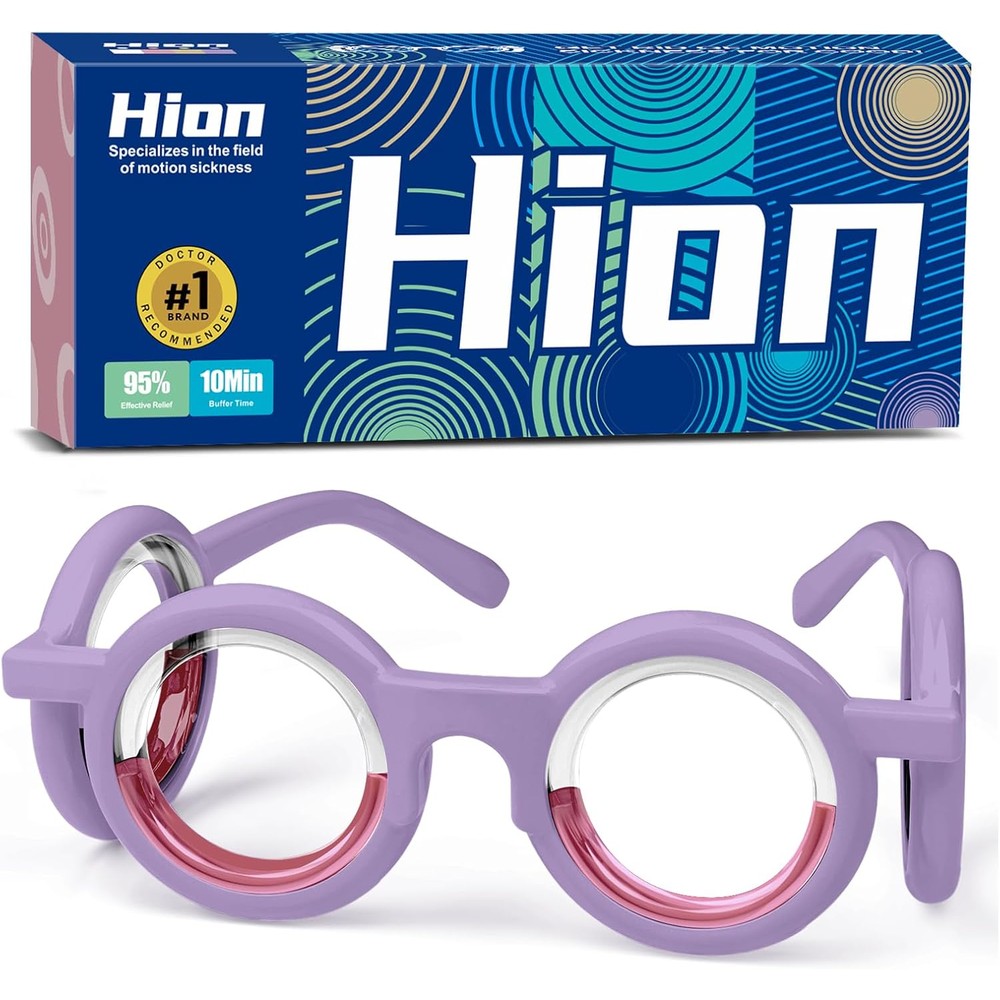 Hion motion sickness glasses in violet front view for travel nausea relief