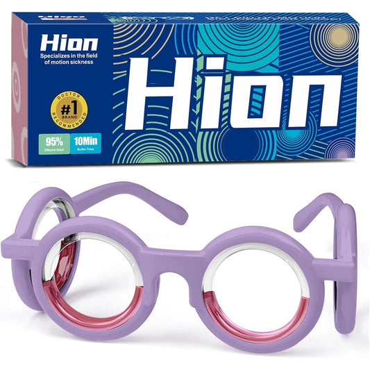 Hion motion sickness glasses in violet front view for travel nausea relief