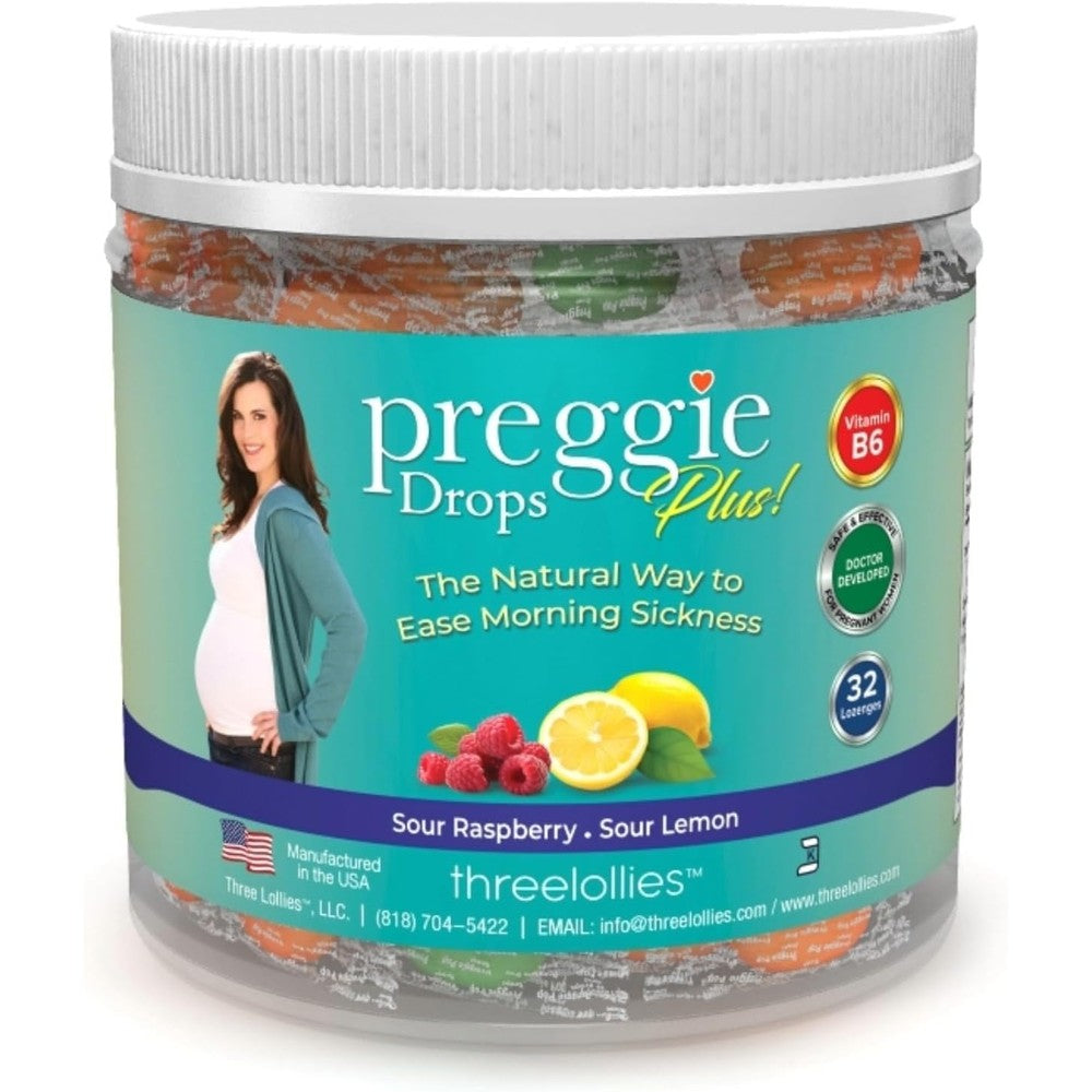 Three Lollies Preggie Pop Drops Plus front packaging showing thirty two count morning sickness lozenges.