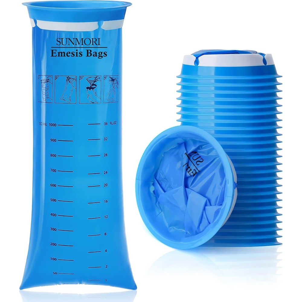 Sunmori disposable vomit bags 24 pack front view showing the blue leak resistant medical grade emesis bag