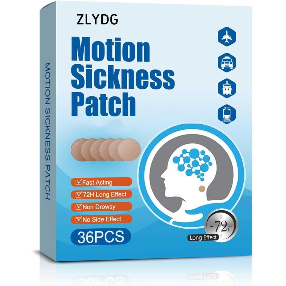 ZLYDG motion sickness patch box front view showing packaging for travel relief