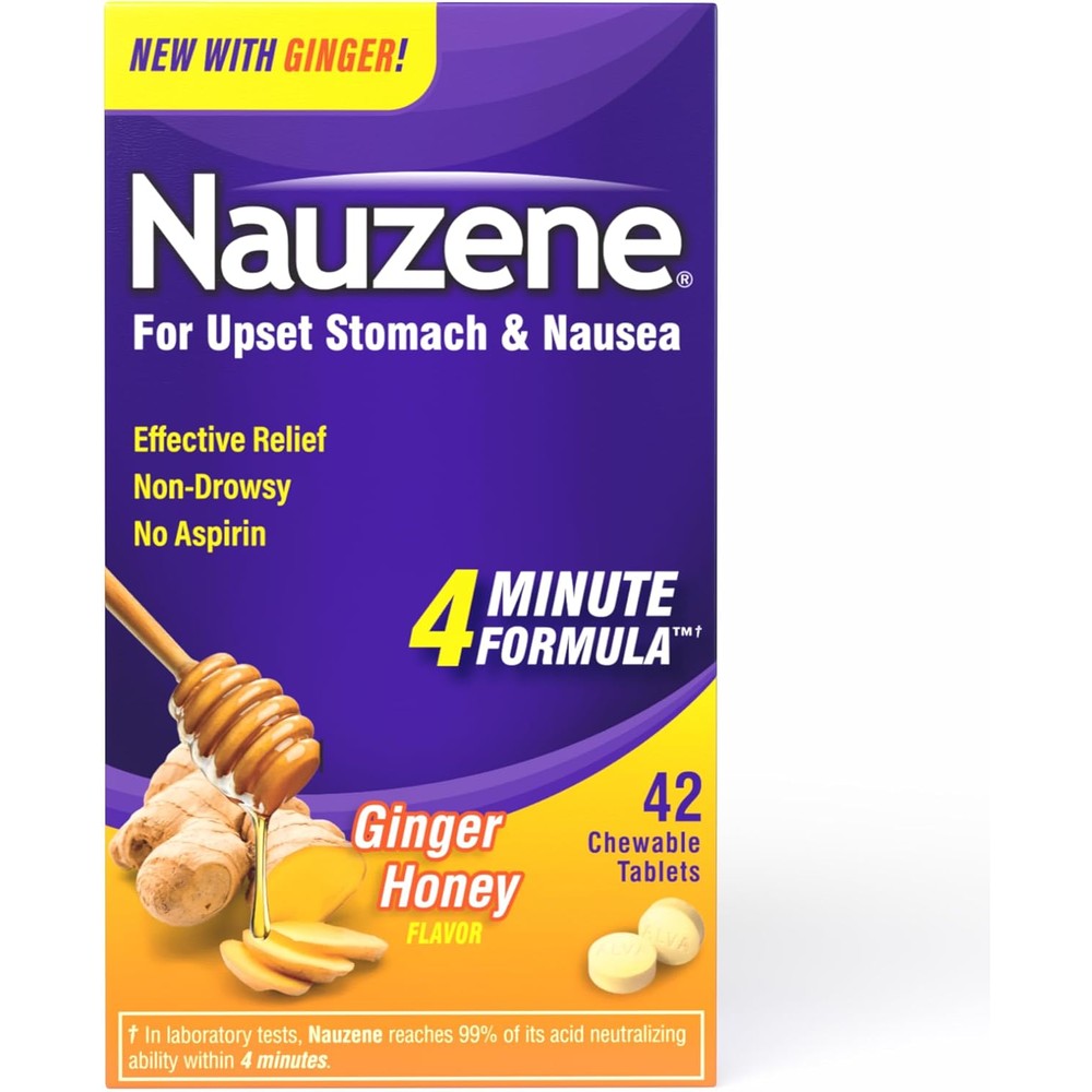 Nauzene upset stomach and nausea relief chewable tablets front packaging