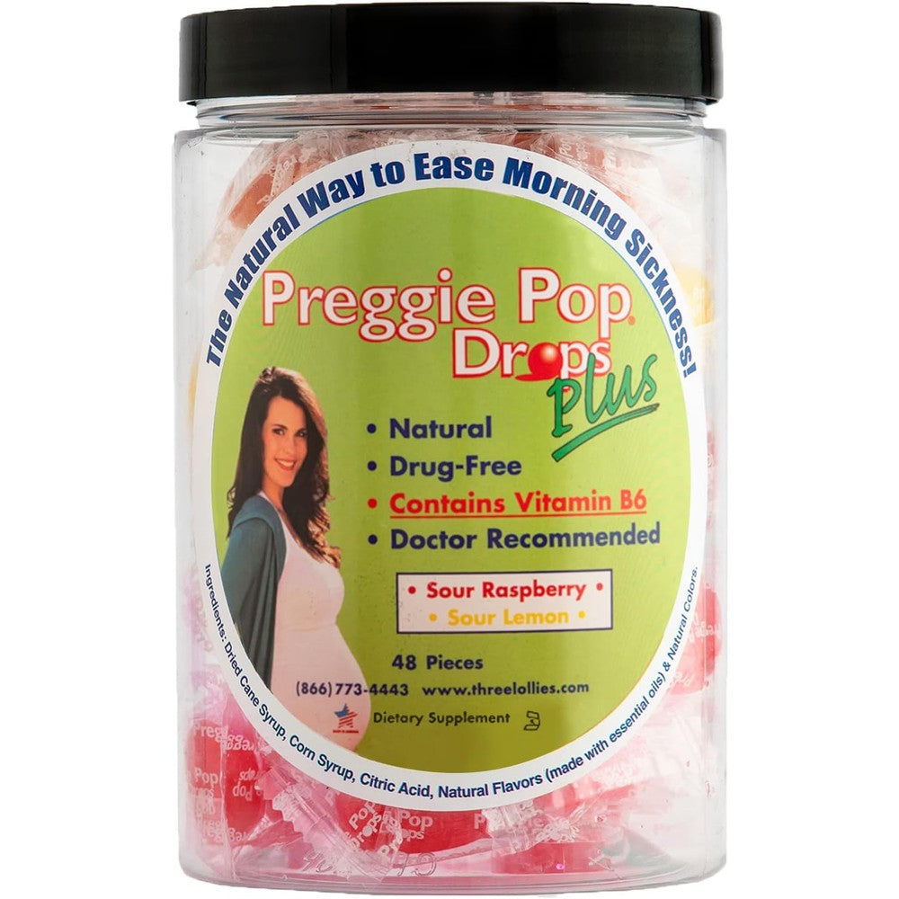 Three Lollies Preggie Pop Drops Plus morning sickness relief lozenges front view