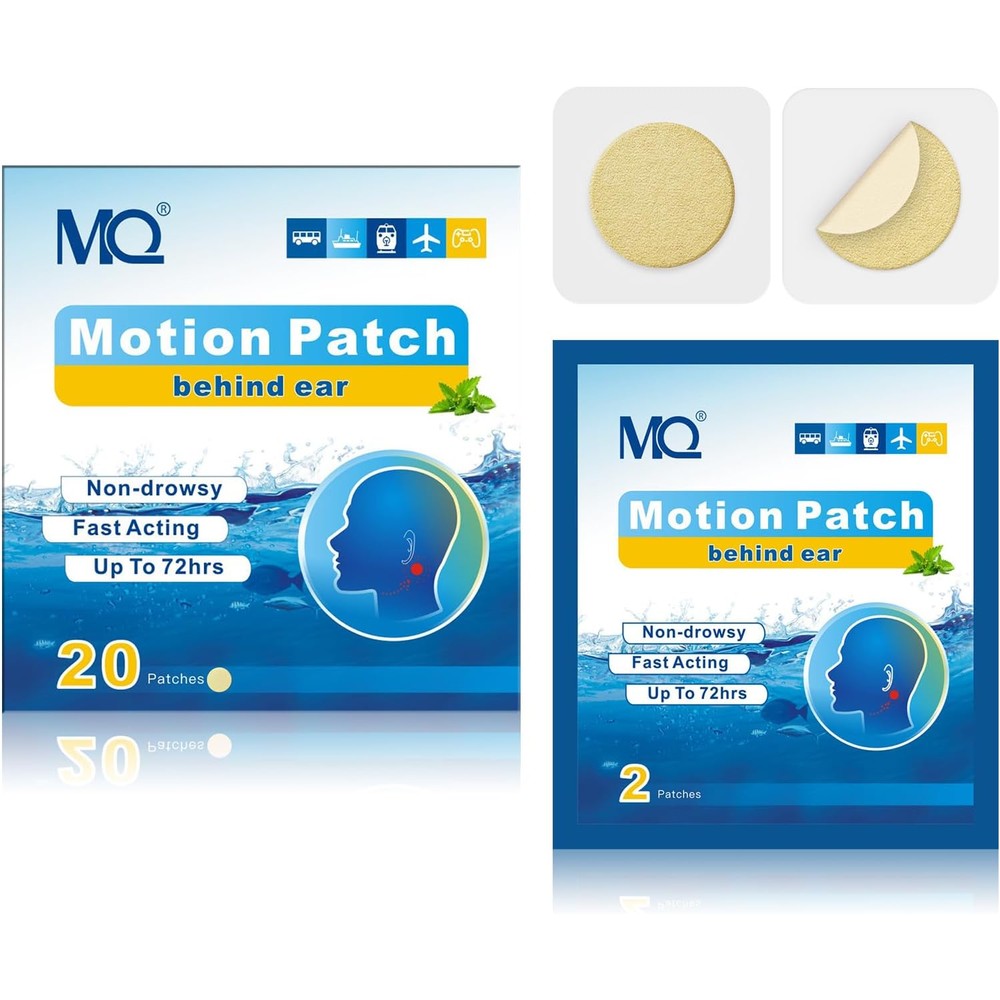 MQ Motion Sickness Patches front view of the twenty count box packaging.