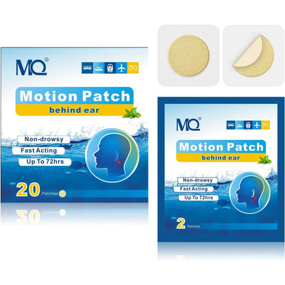 MQ Motion Sickness Patches front view of the twenty count box packaging.