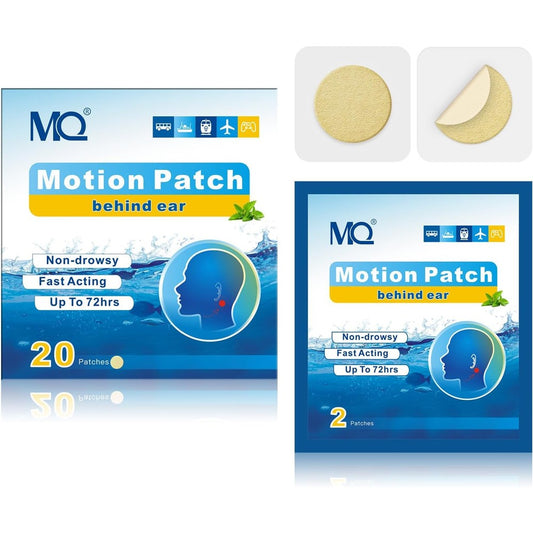 MQ Motion Sickness Patches front view of the twenty count box packaging.
