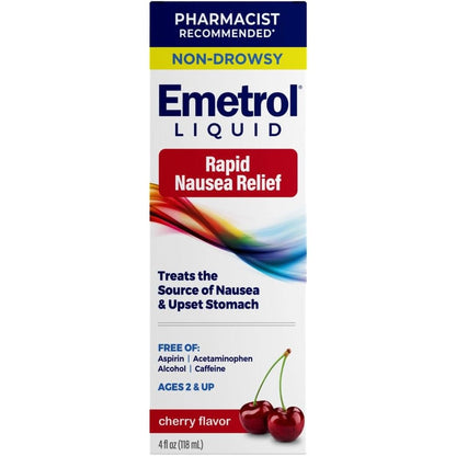 Emetrol Non Drowsy Nausea Relief Liquid Cherry 4 Fluid Ounce bottle front view showing product labeling for stomach relief