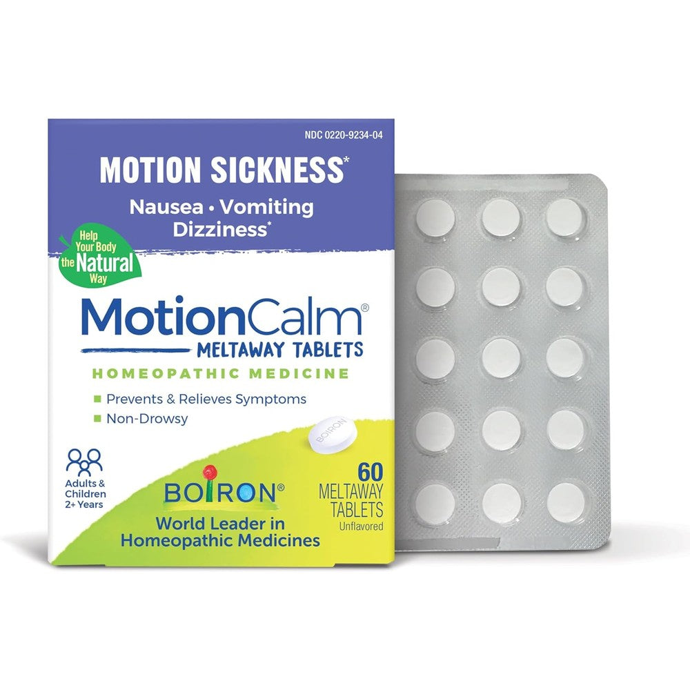 Boiron MotionCalm 60 count box front view showing non drowsy motion sickness relief formula