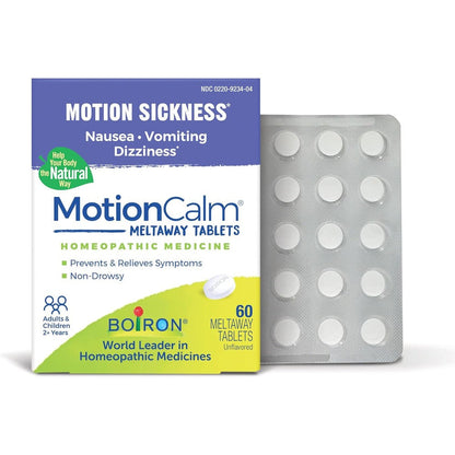 Boiron MotionCalm 60 count box front view showing non drowsy motion sickness relief formula