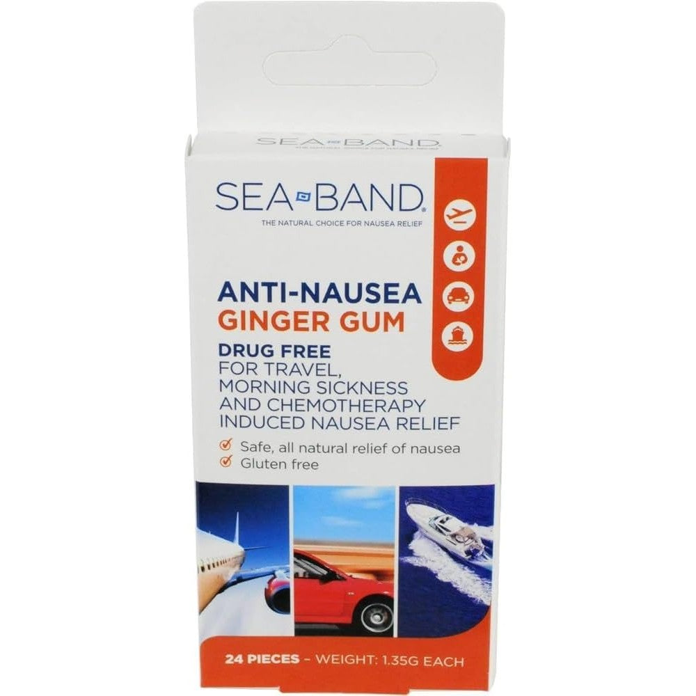 Sea-Band Anti-Nausea Ginger Gum 24 Pieces front packaging for motion sickness relief