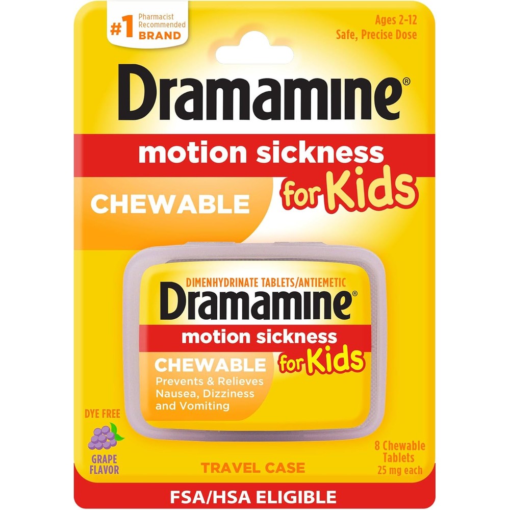 Dramamine Motion Sickness Relief for Kids front view package showing grape chewable tablets