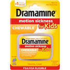 Dramamine Motion Sickness Relief for Kids front view package showing grape chewable tablets