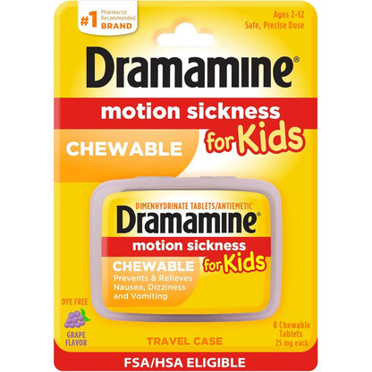Dramamine Motion Sickness Relief for Kids front view package showing grape chewable tablets