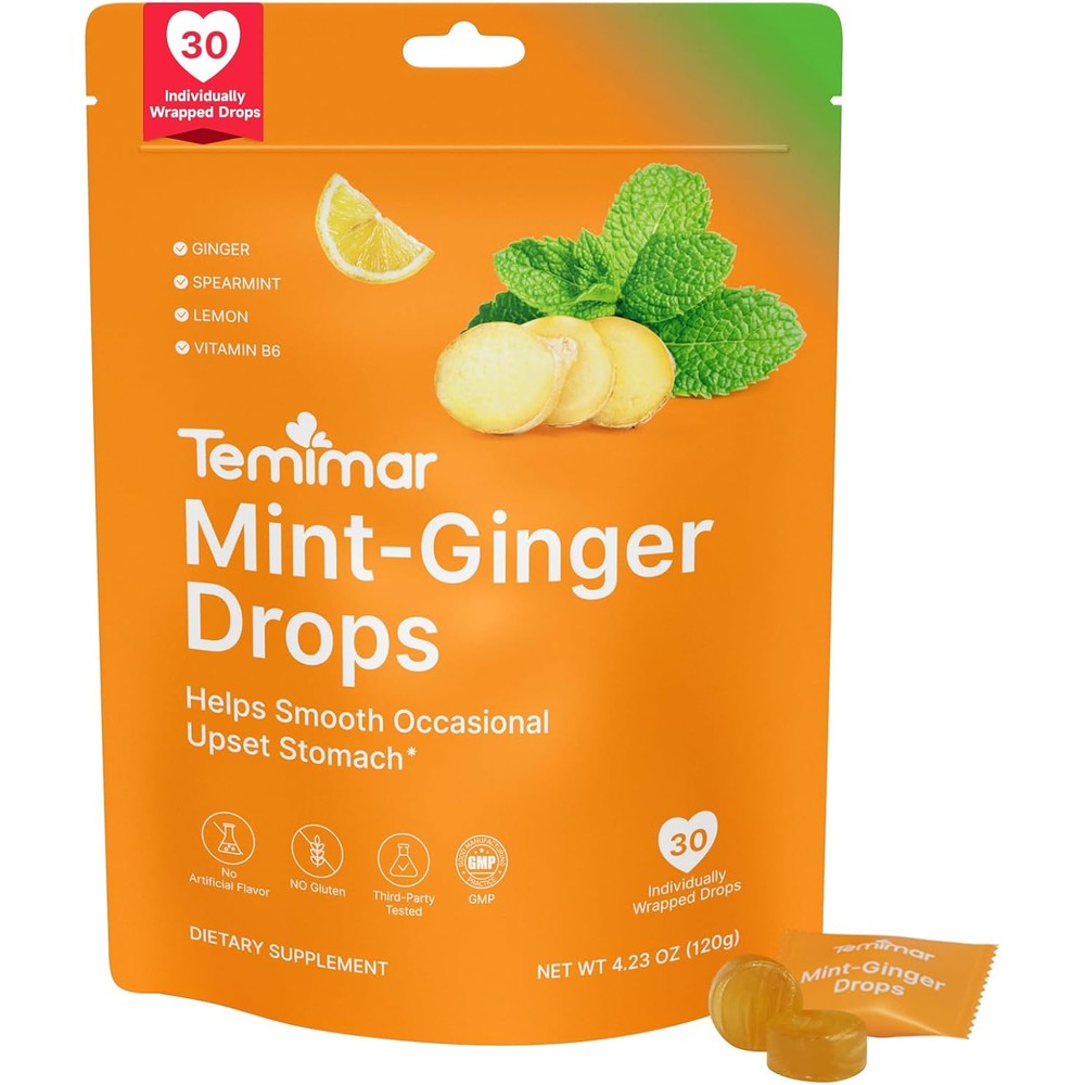 Temimar Mint Ginger Drops front view packaging showing thirty nausea relief candies.
