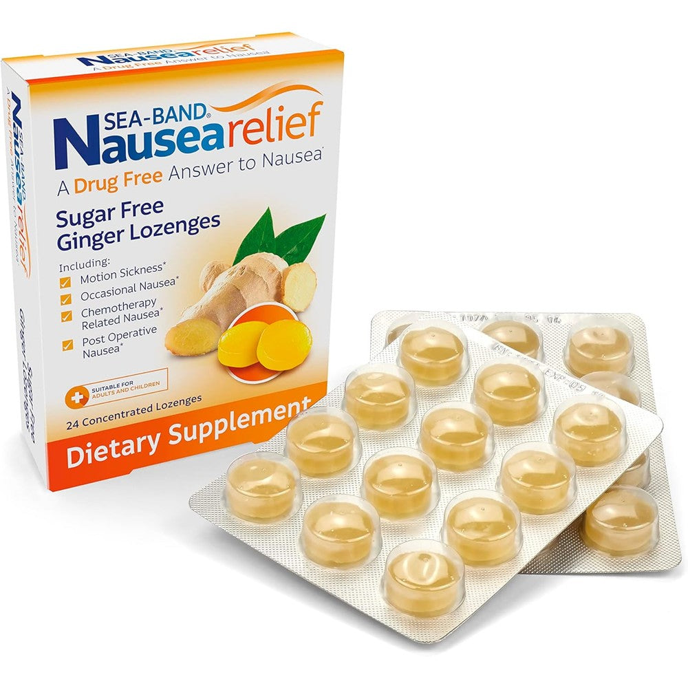Sea-Band Ginger Lozenges front view packaging for natural nausea relief
