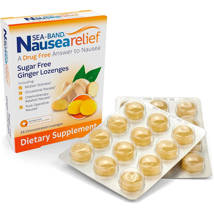 Sea-Band Ginger Lozenges front view packaging for natural nausea relief
