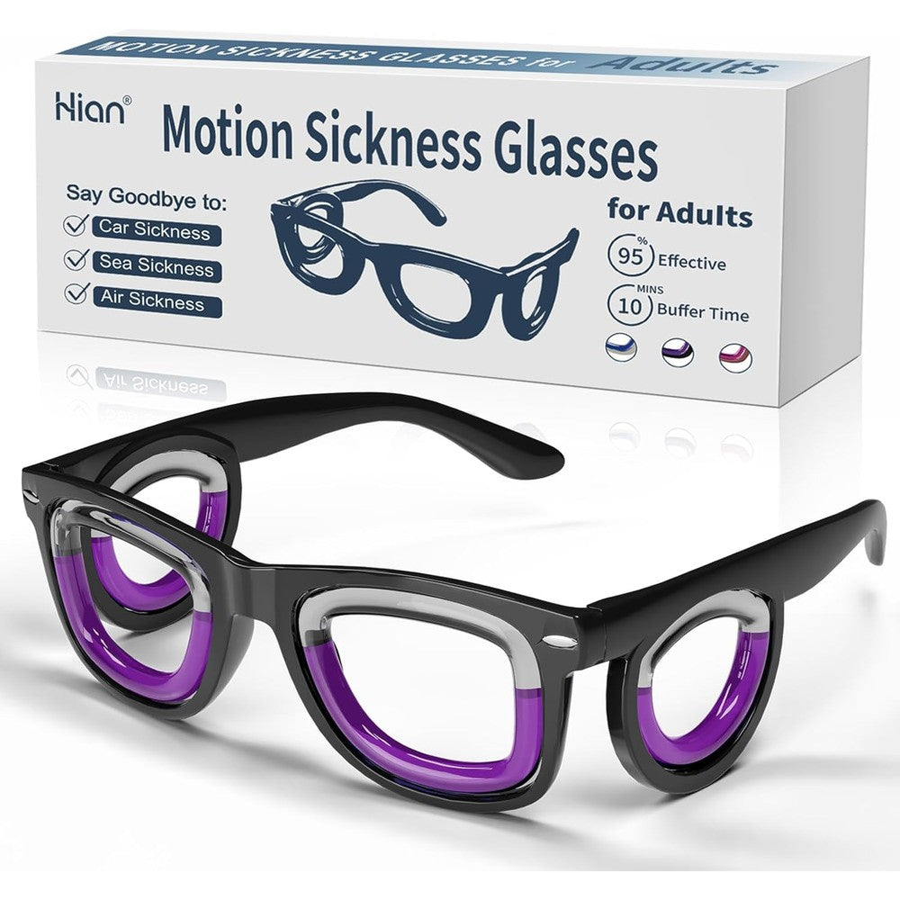 Hion adult anti motion sickness smart glasses front view showing blue liquid frames