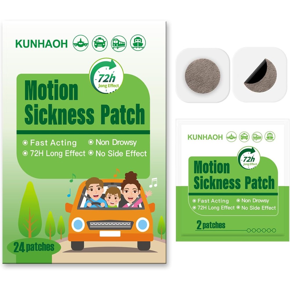 KUNHAOH motion sickness patches 24 count front packaging view showing non drowsy travel benefits.