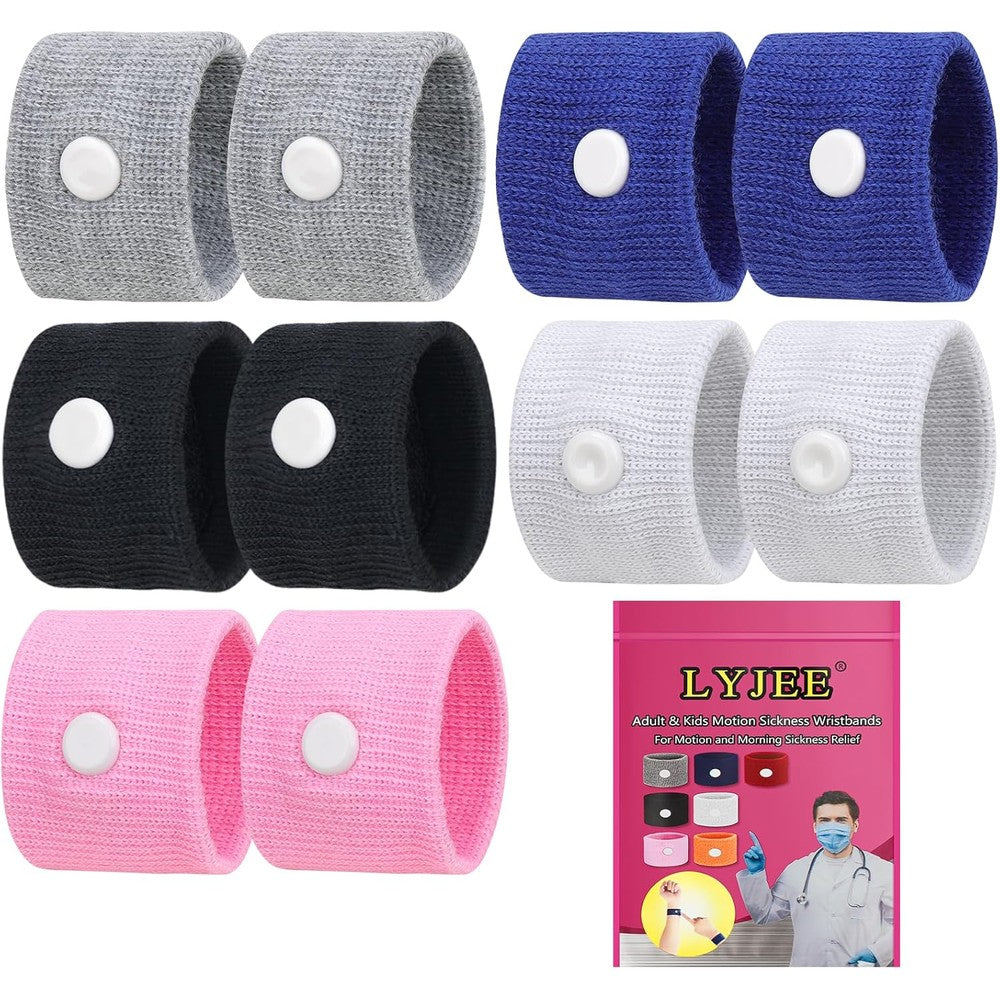 LYJEE motion sickness bands 5 pairs package front view showing assorted colors