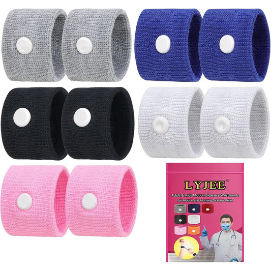 LYJEE motion sickness bands 5 pairs package front view showing assorted colors