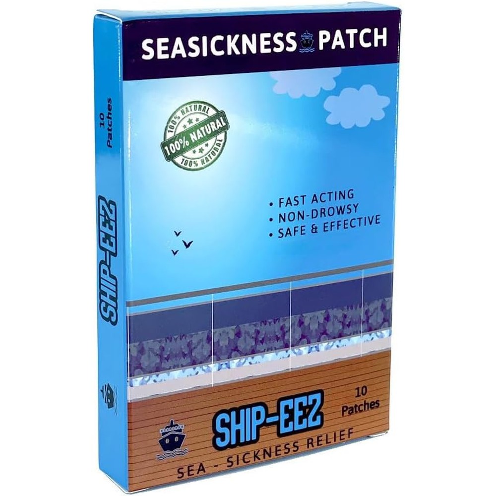 SAILPAK Ship-EEZ Sea Sickness Patch for Cruisers front view of the 10 count packaging showing natural motion relief benefits.