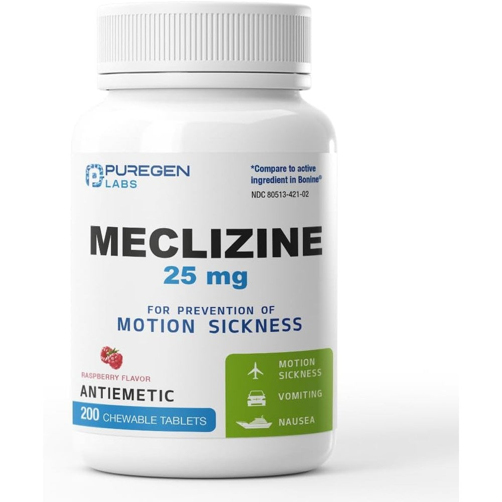 Puregen Labs Meclizine 25 mg antiemetic 200 chewable tablets front view for motion sickness relief