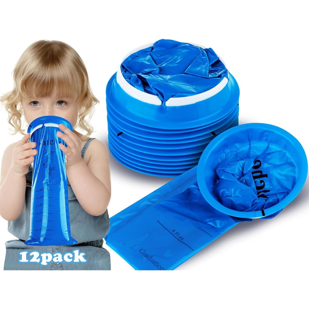 Valchoose kids vomit bags disposable twelve pack blue front view showing medical grade plastic ring.