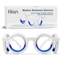 Hion motion sickness glasses front view showcasing the blue liquid filled circular rims.