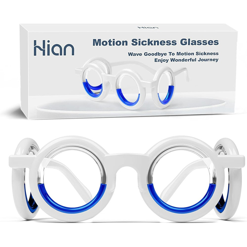 Hion motion sickness glasses front view showcasing the blue liquid filled circular rims.