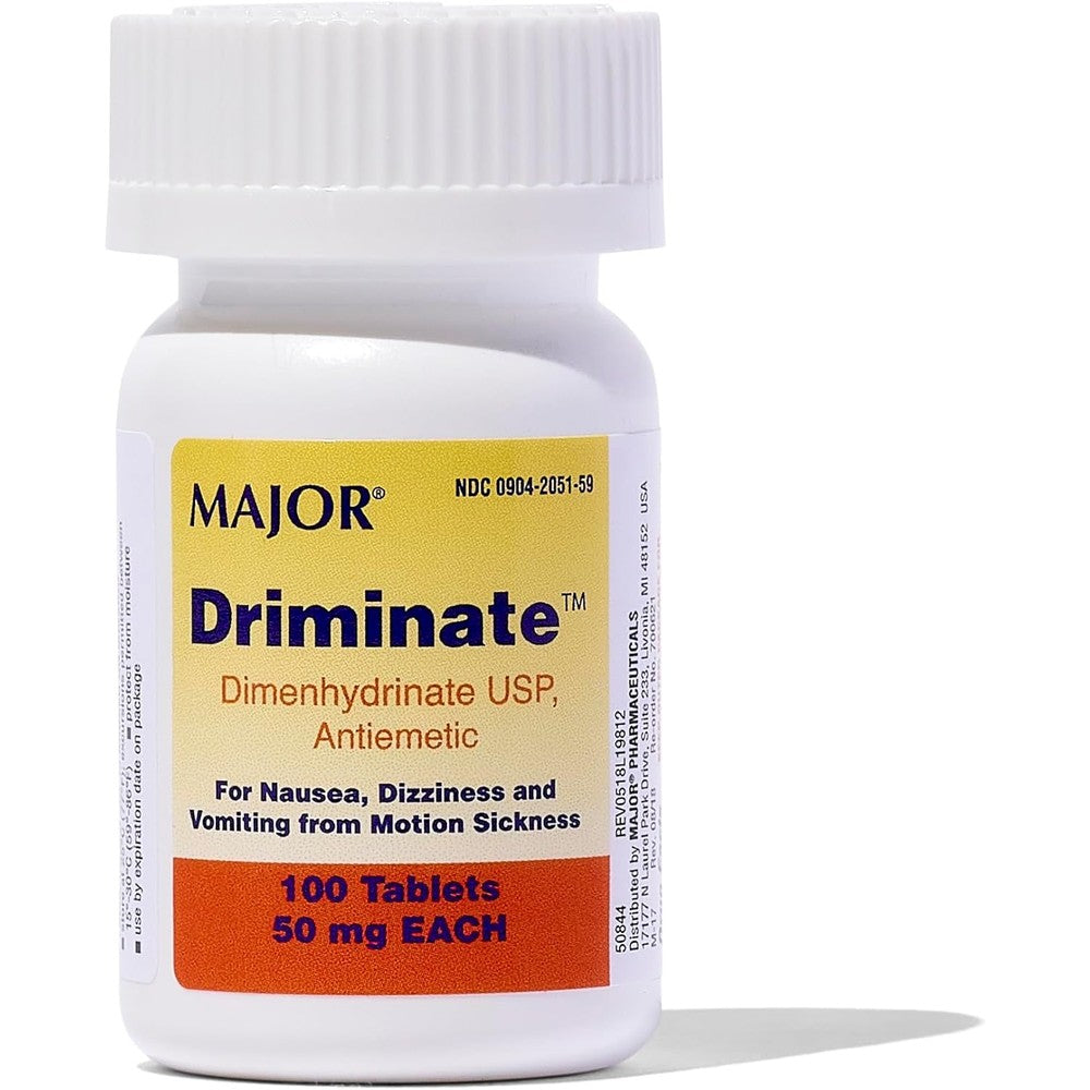 MAJOR Driminate 50mg motion sickness tablets front view bottle packaging