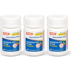 Rugby Laboratories Meclizine 25mg 3 Pack front view bottle for travel sickness relief