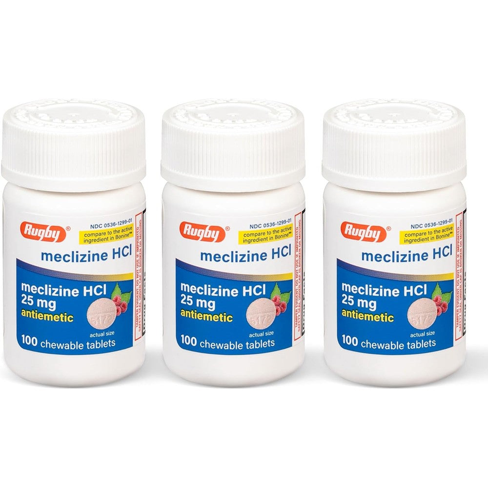 Rugby Laboratories Meclizine 25mg 3 Pack front view bottle for travel sickness relief