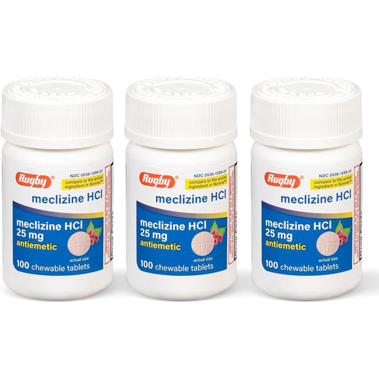Rugby Laboratories Meclizine 25mg 3 Pack front view bottle for travel sickness relief