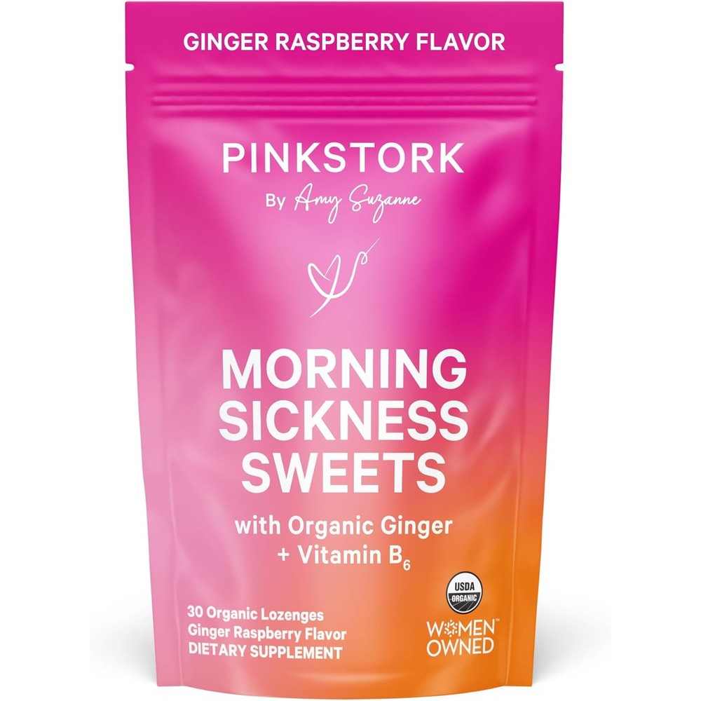 Pink Stork Morning Sickness Sweets Ginger Raspberry front packaging for pregnancy nausea relief