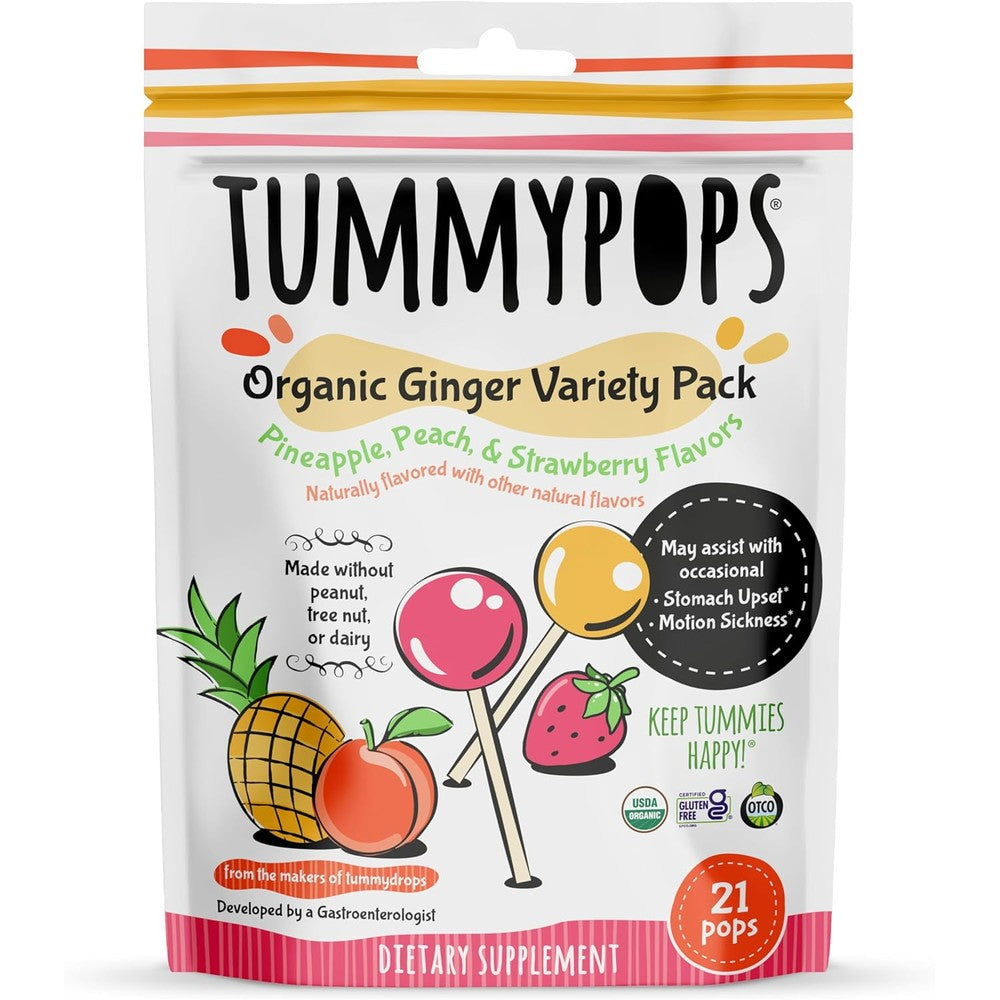 Tummy Drops Tummypops Organic Ginger Variety Pack front view of 21 count bag for natural nausea relief