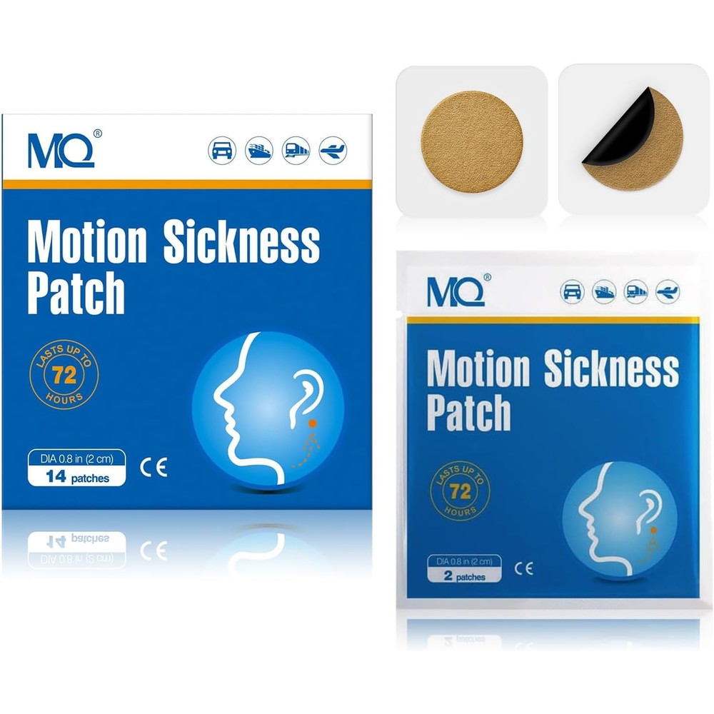 MQ Motion Sickness Patches front view packaging showing fourteen herbal travel patches for cruise and car sickness.