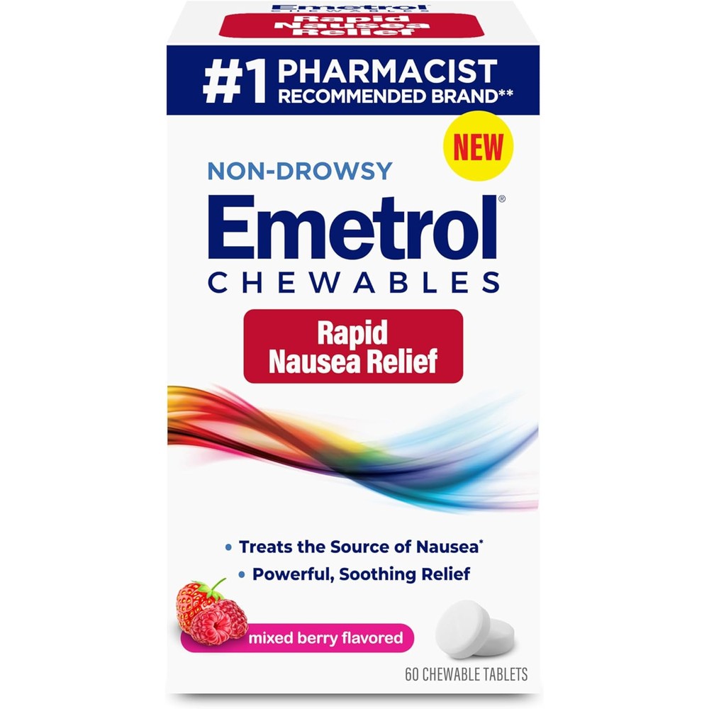Emetrol Non Drowsy Nausea Relief 60 chewable tablets front package view for rapid stomach relief