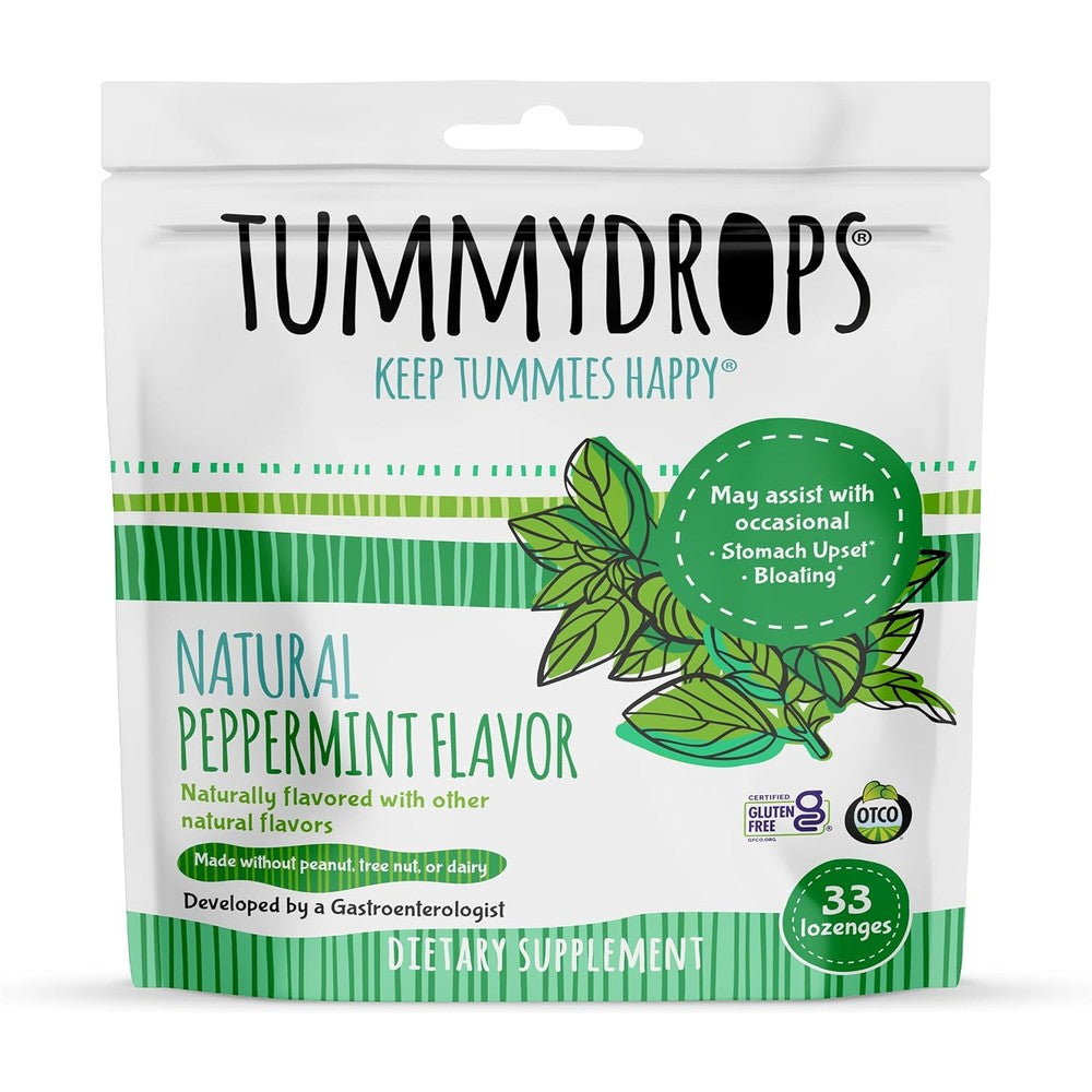 Tummy Drops Natural Peppermint Lozenges front view of the packaging showcasing the doctor-developed logo.