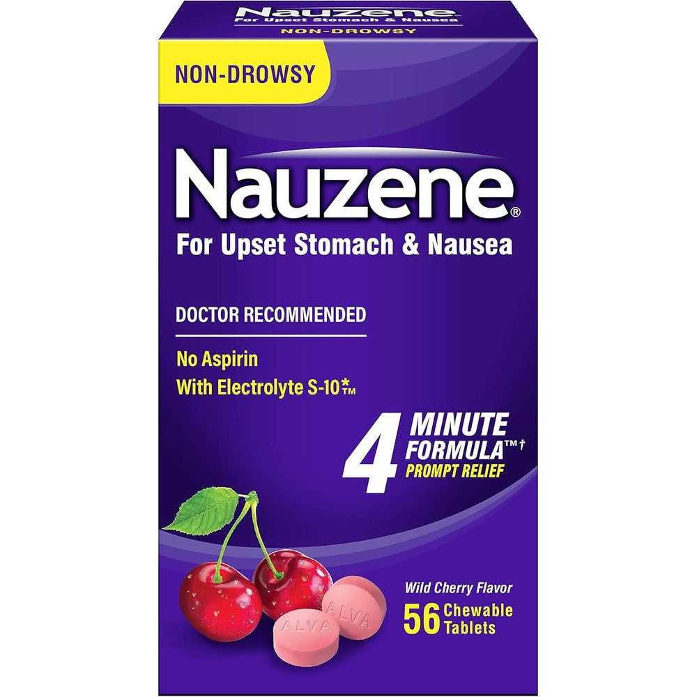 Nauzene Non Drowsy Upset Stomach and Nausea Relief Chewable Tablets 56 Count front packaging view for fast acting relief