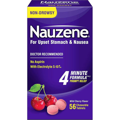 Nauzene Non Drowsy Upset Stomach and Nausea Relief Chewable Tablets 56 Count front packaging view for fast acting relief
